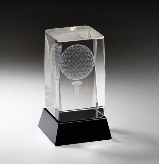 3D Lasered Crystal Golf Ball/Tee Award on Black Base