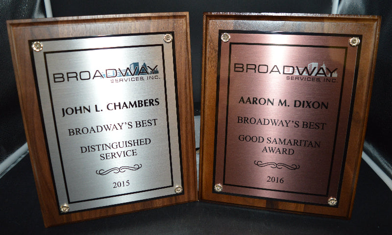Two awards from Broadway Services Inc. for distinguished service and good Samaritan award.