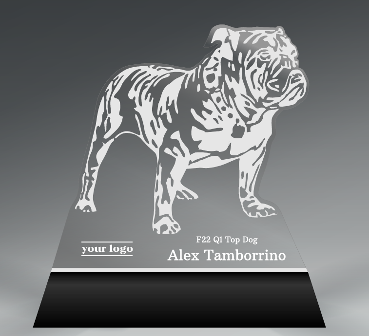 Acrylic standee of a bulldog with branding text on a gray background. Ft. Meade, MD and Marines