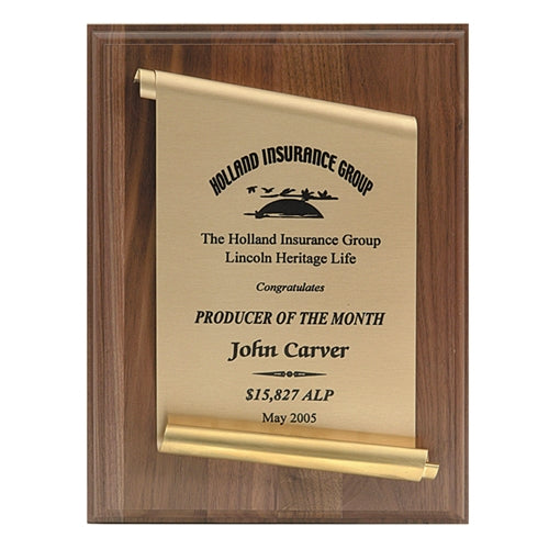 Simulated Walnut Plaque with Brass Scroll