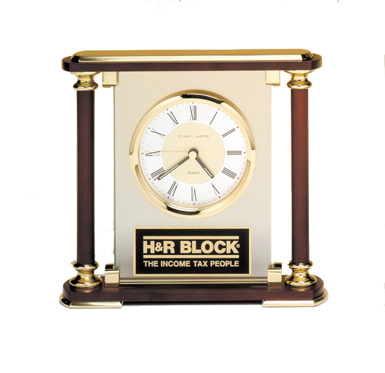 7" x 7" Glass and Rosewood Piano Finish Clock with Gold Metal Accents and Black Plate