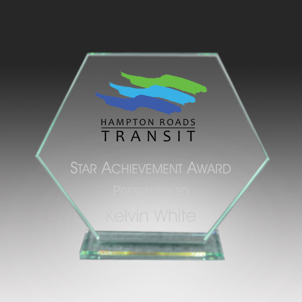 Glass award with Hampton Roads Transit logo and text on a gradient background