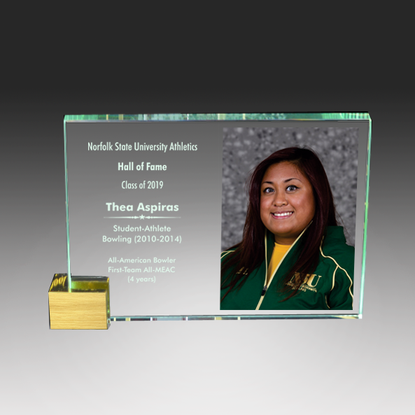 Glass award with a photo and text about Norfolk State University Athletics Hall of Fame Class of 2019.