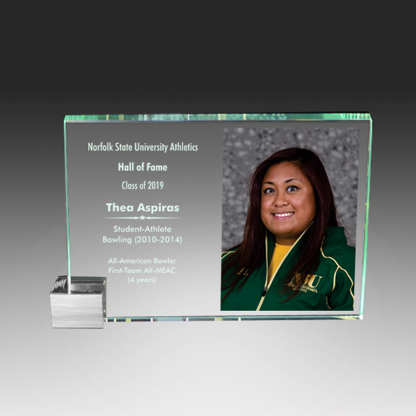 Glass award with a photo of Thea Aspiras and text about Norfolk State University Athletics Hall of Fame. 
