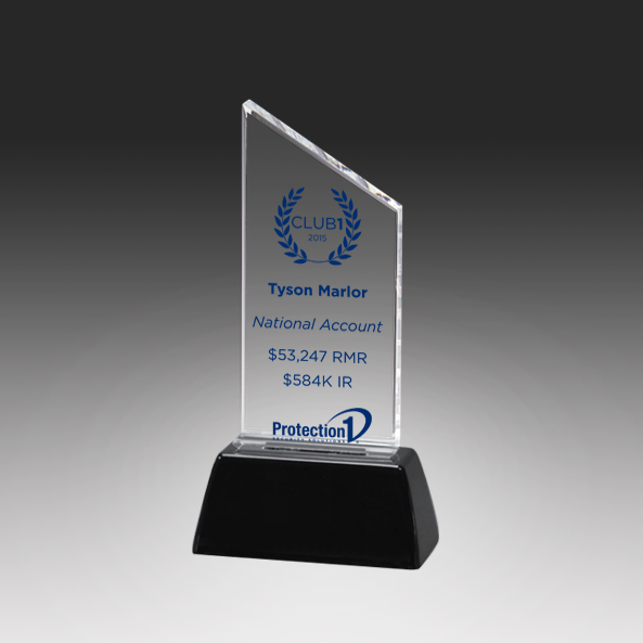 Acrylic award with engraved text and logos on a black base