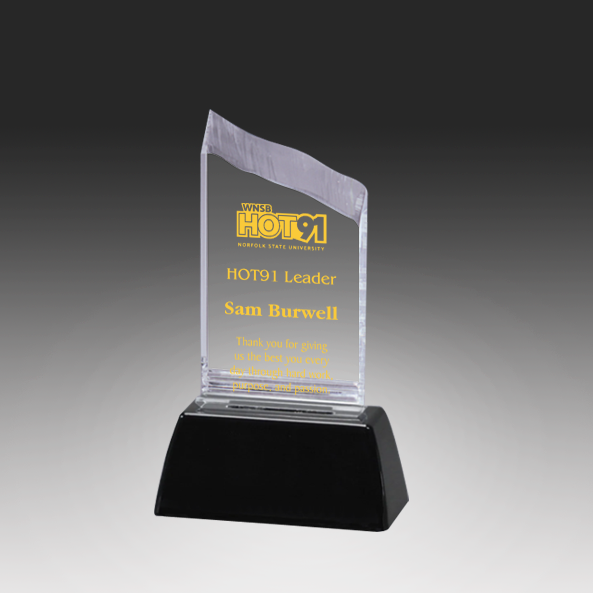 Clear acrylic award with black base on a gray background