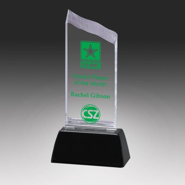 Clear acrylic award with green text and logos on a black base against a gray background