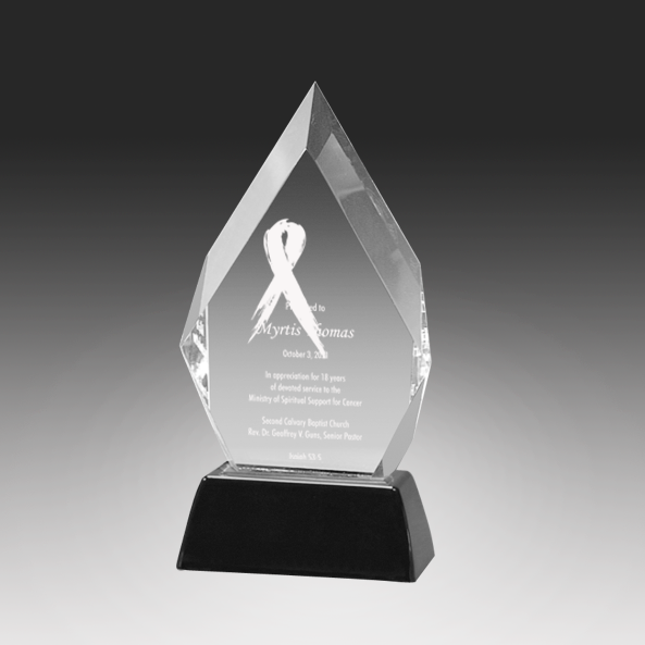 Acrylic award with a ribbon symbol on a black base against a gradient background