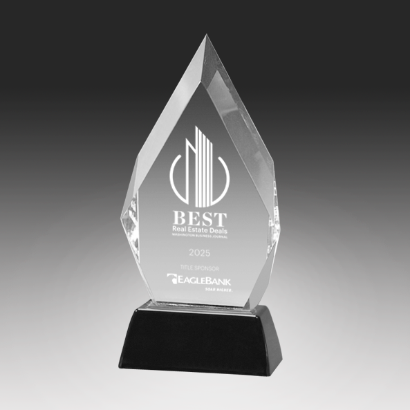 Acrylic award with 'Best Real Estate Deals' and 'EagleBank' branding on a black base.