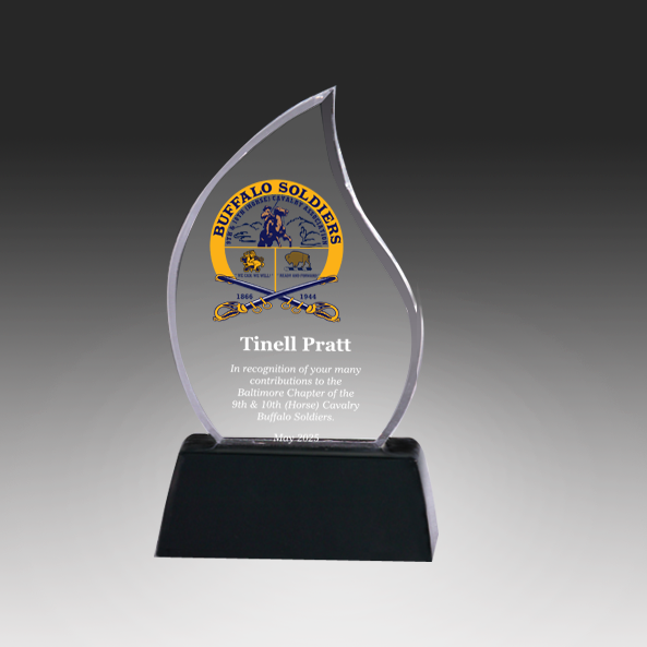 Acrylic award with Buffalo Soldiers logo on a dark background