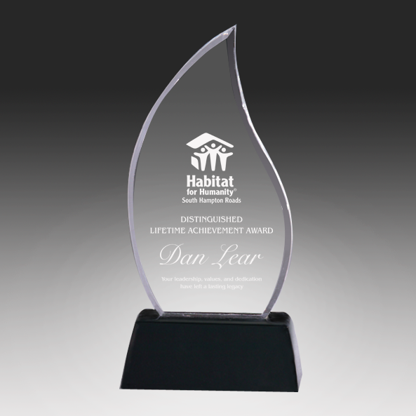 Acrylic award with 'Habitat for Humanity' logo and text on a black background