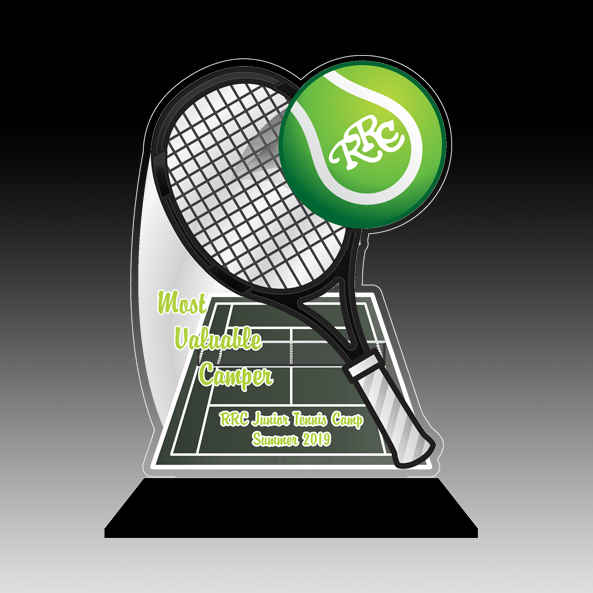 Custom Cut Acrylic Award with Full UV Print on a black snap-in base