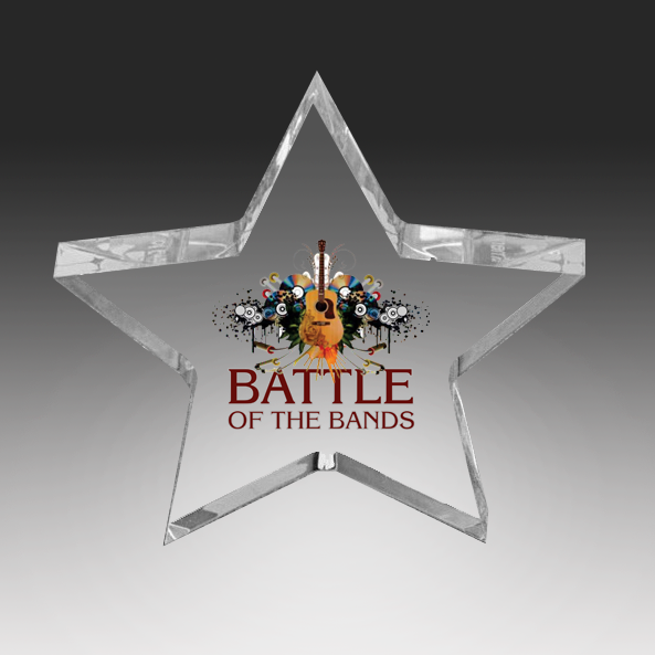Star-shaped acrylic award with 'Battle of the Bands' logo on a gray background