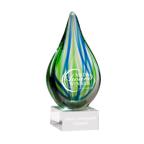 8" Blue and Green Teardrop Art Glass on Clear Glass Base with Black Laserable Aluminum Plate
