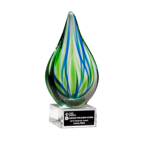 8" Blue and Green Teardrop Art Glass on Clear Glass Base with Black Laserable Aluminum Plate