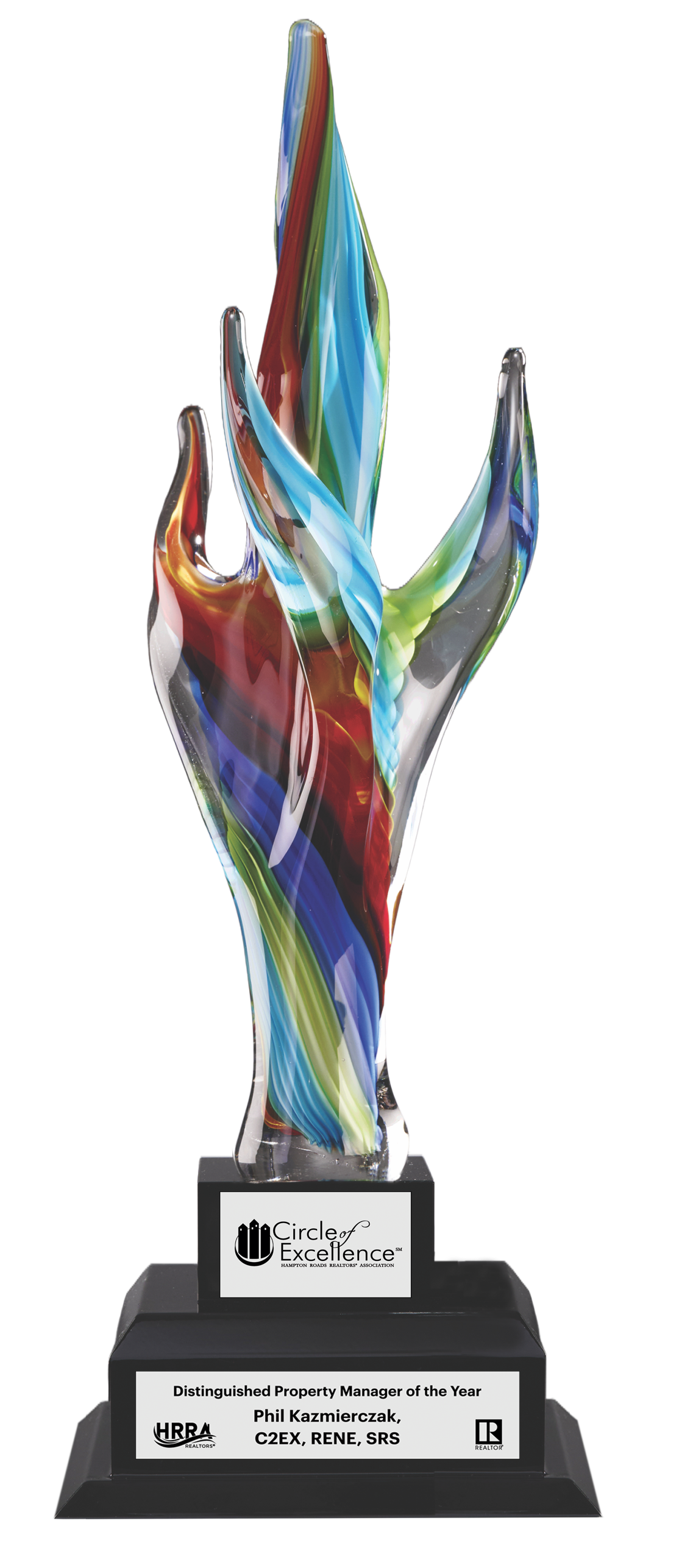 Colorful abstract sculpture on a black base with branding