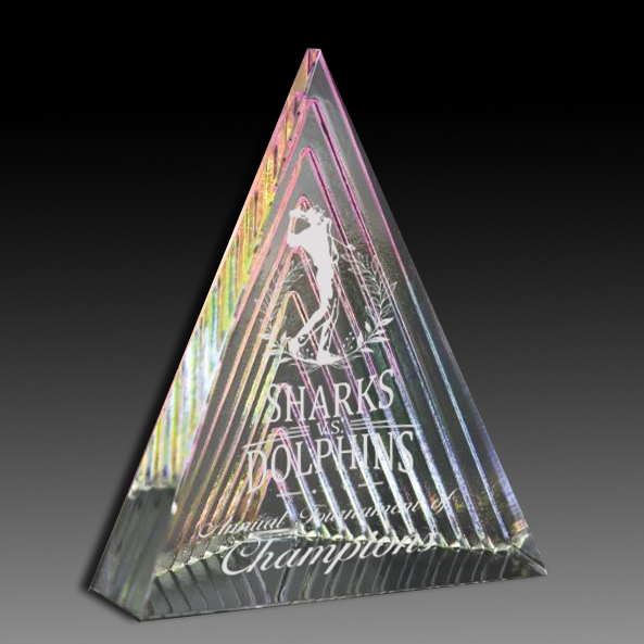 Triangular glass award with engraved text and logo on a gradient background