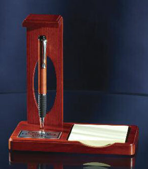 6 3/4" x 6 7/8" Floating Pen Desk Set with Memo Pad in Matte Teakwood Finish with Black Plate