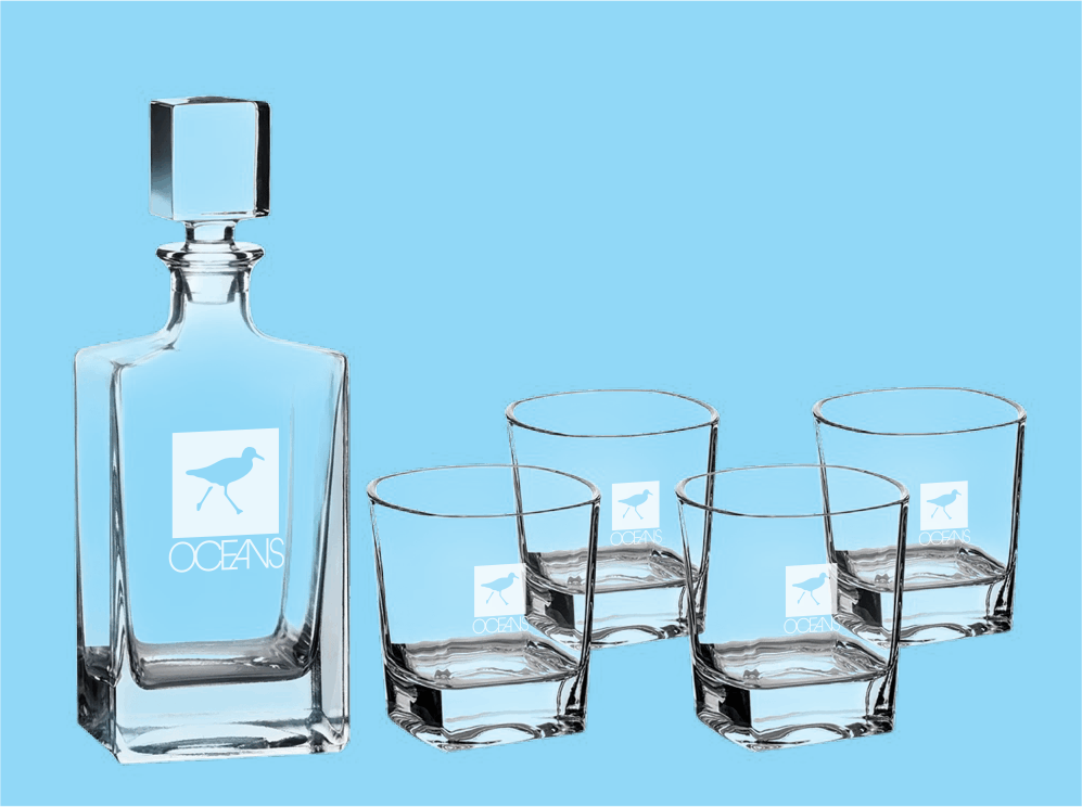 OCEANS Rectangle Glass Decanter Set with Four 8 oz. Glasses in a Black Gift Box