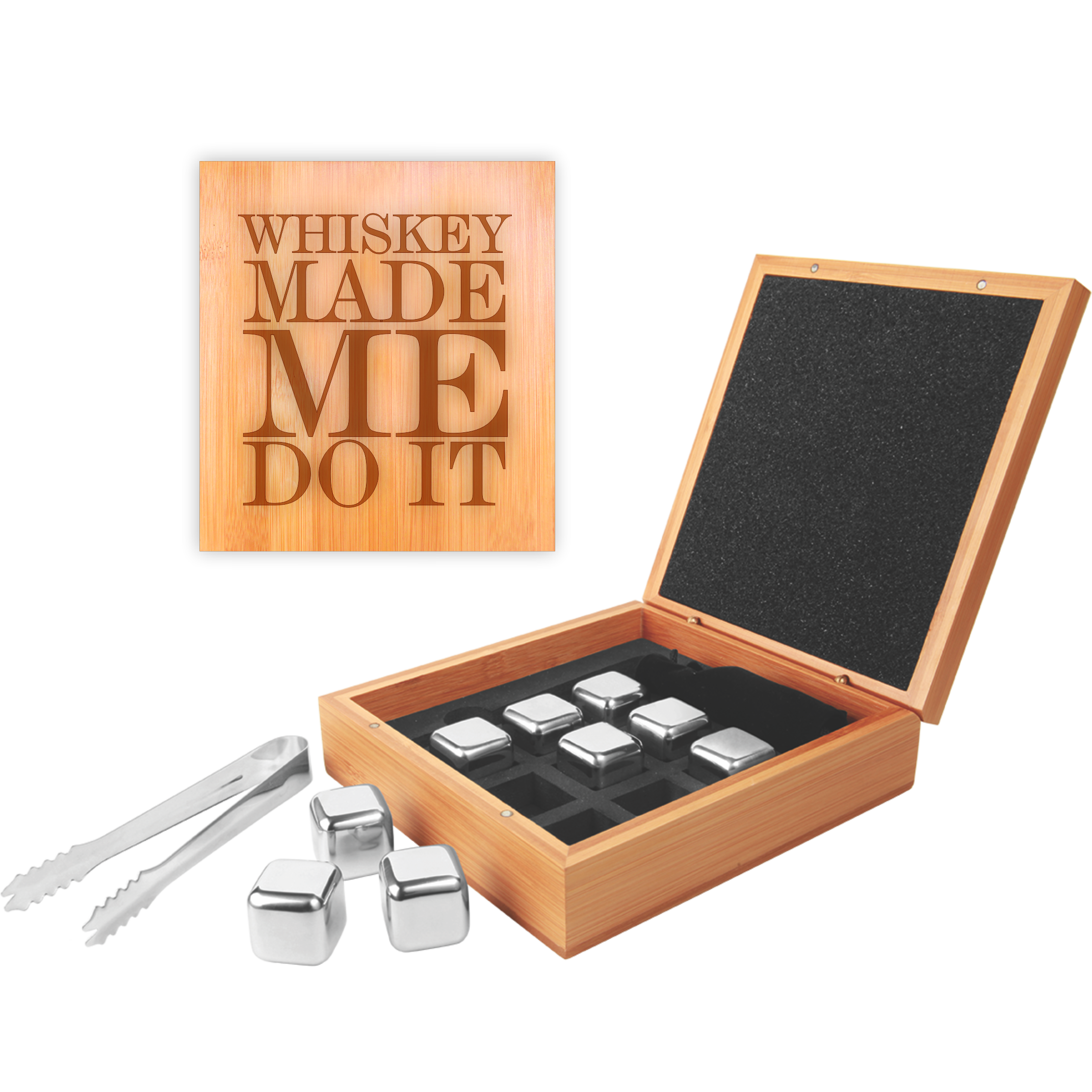 6 1/4" x 6 3/4" Stainless Steel Whiskey Stone Set in Bamboo Case