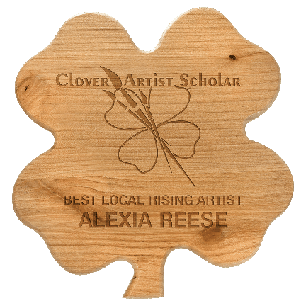 Wooden four-leaf clover-shaped plaque with engraved text and logo on a white background.  Norfolk, VA