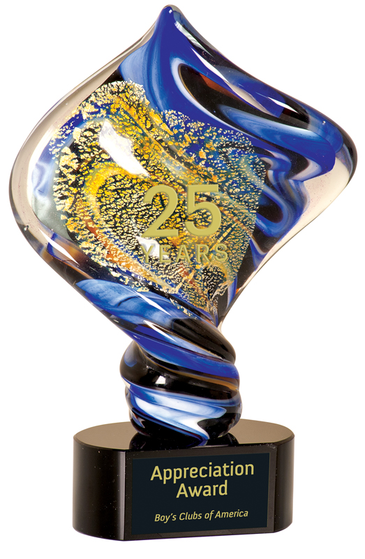 Decorative award with blue and gold design on a black base, featuring 'Appreciation Award' text.