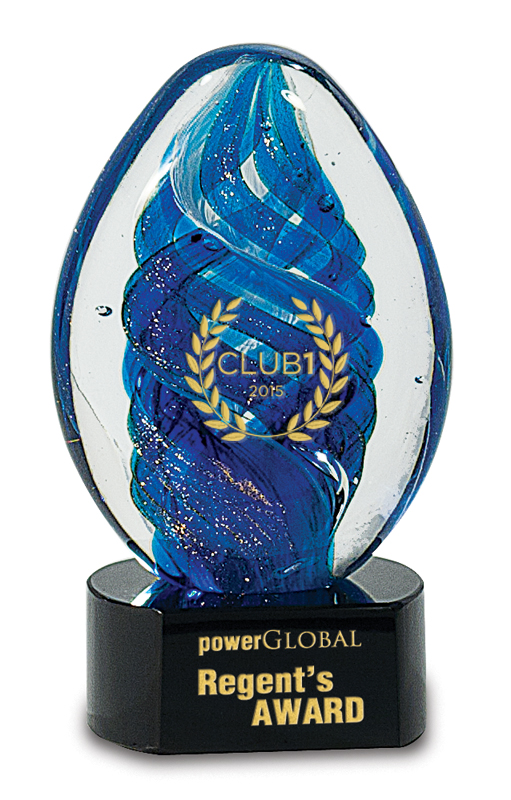 Blue glass award with 'powerGLOBAL Regent's Award' text on a white background.  Virginia Beach, VA