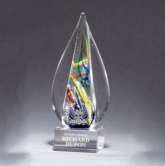 Art Glass award with colorful interior design on a gray background in Hampton, VA