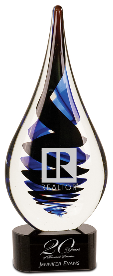 Glass award with 'RE' logo and 'Realtor' text on a white background in Hampton Roads, Virginia