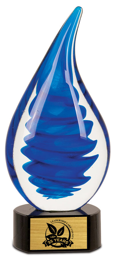 Blue glass award with a black base and gold emblem on a white background in Baltimore, Maryland