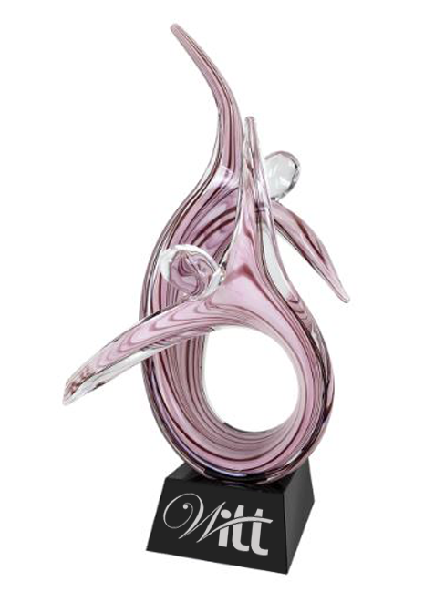 Pink glass sculpture on a black base with 'Witt' branding in Ocean View, Virginia