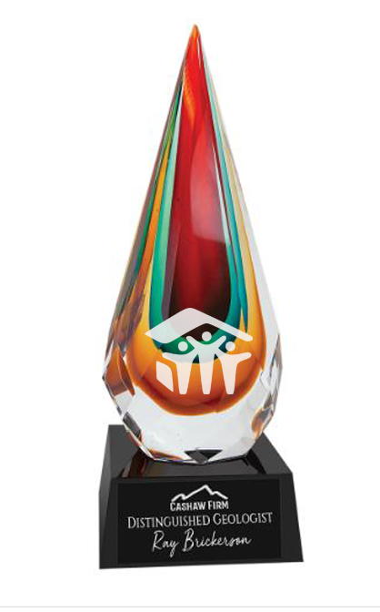 Colorful glass award with a black base on a white background in Richmond, Virginia