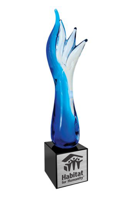 Blue glass award with Habitat for Humanity logo on a white background in Baltimore, Maryland