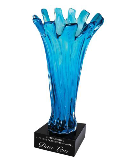 Blue glass vase on a black base with engraved text in Odenton, MD
