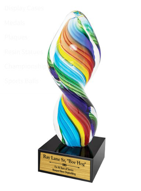 Colorful swirled trophy on a black base with engraved text in Norfolk, VA