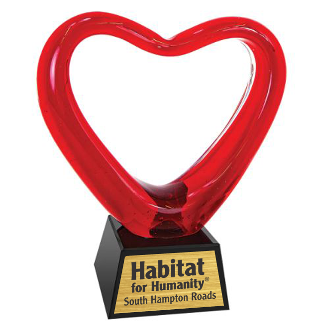 Red heart-shaped trophy with 'Habitat for Humanity South Hampton Roads' on a black base in Hampton Roads, Virginia