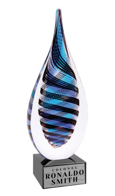 Decorative glass award with colorful design on a white background in Norfolk, VA