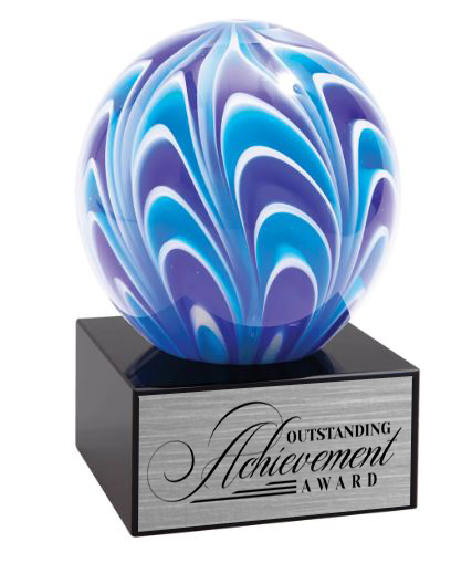 Globe art glass with blue design on black base.  Engraved text.  Norfolk, Virginia