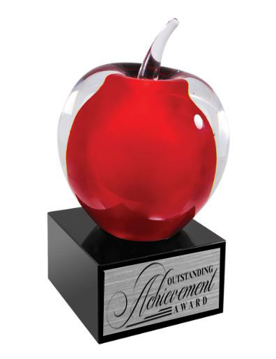Red apple-shaped award on a black base with 'Outstanding Achievement Award' text. Norfolk, VA