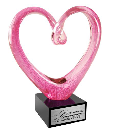 Pink glass heart award on a black base with 'Outstanding Achievement Award' text. Virginia Beach, Virginia