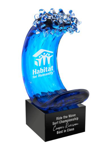 Blue wave-shaped trophy with 'Habitat for Humanity' logo on a black base. Virginia Beach, VA