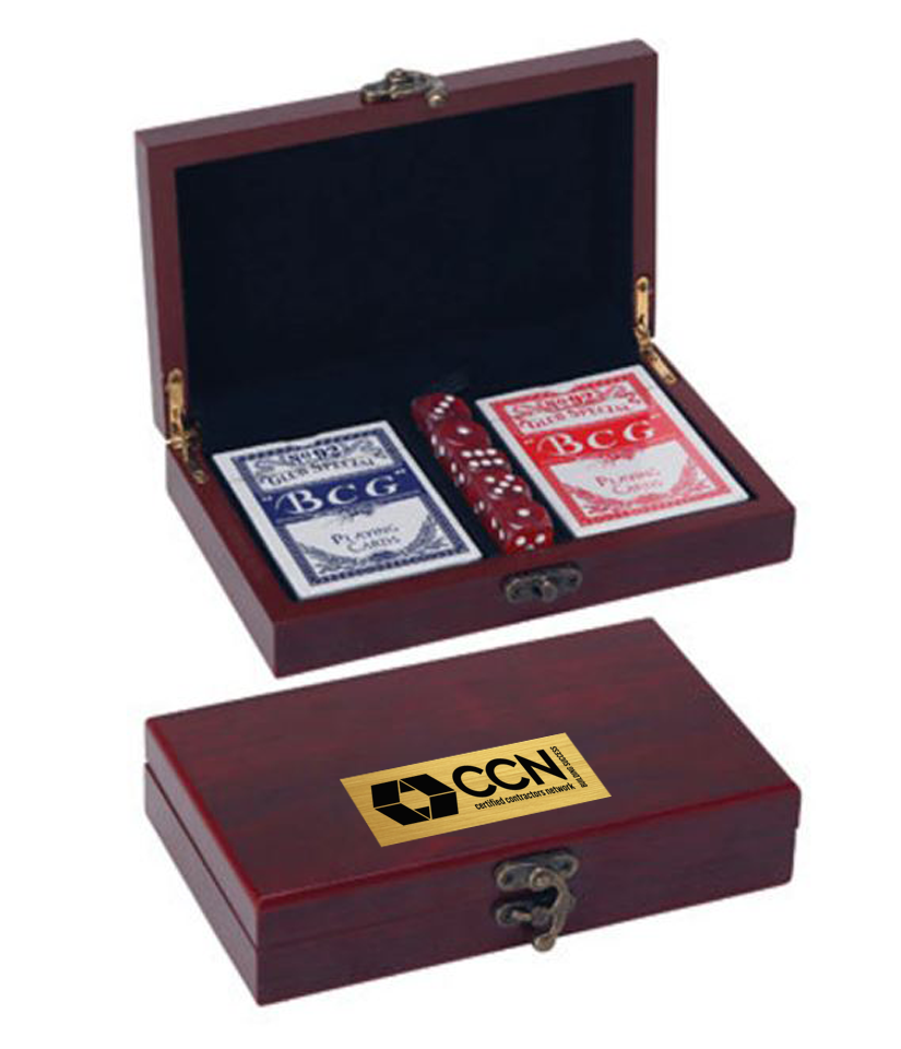 Wooden playing card set with two decks of cards and dice, branded 'CCN' in Norfolk, VA