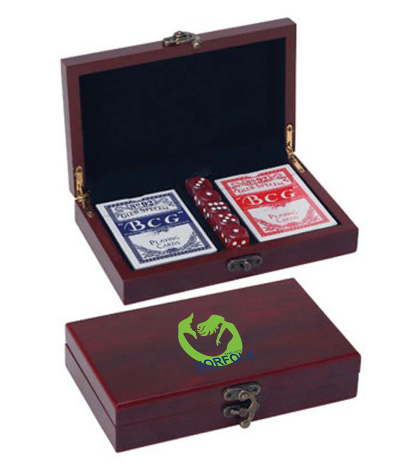 Wooden playing card box with two decks of cards and dice, in Norfolk, VA.  Poker gifts
