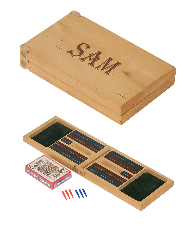 Wooden travel game set with 'SAM' engraving on a white background.  Norfolk VA games to personalize