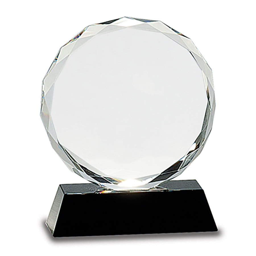 Round Facet Crystal on Black Pedestal Base