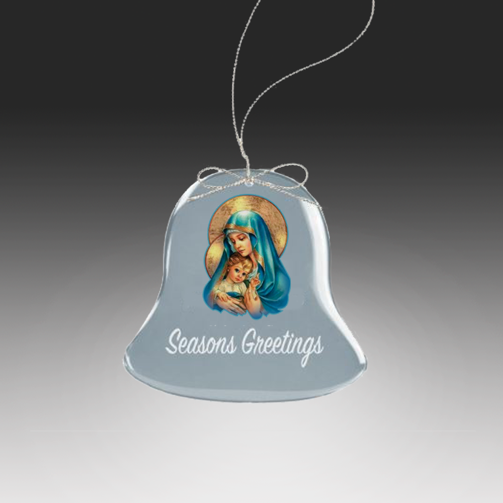 Decorative bell ornament with religious design and 'Seasons Greetings' text on a gray background in Norfolk, VA