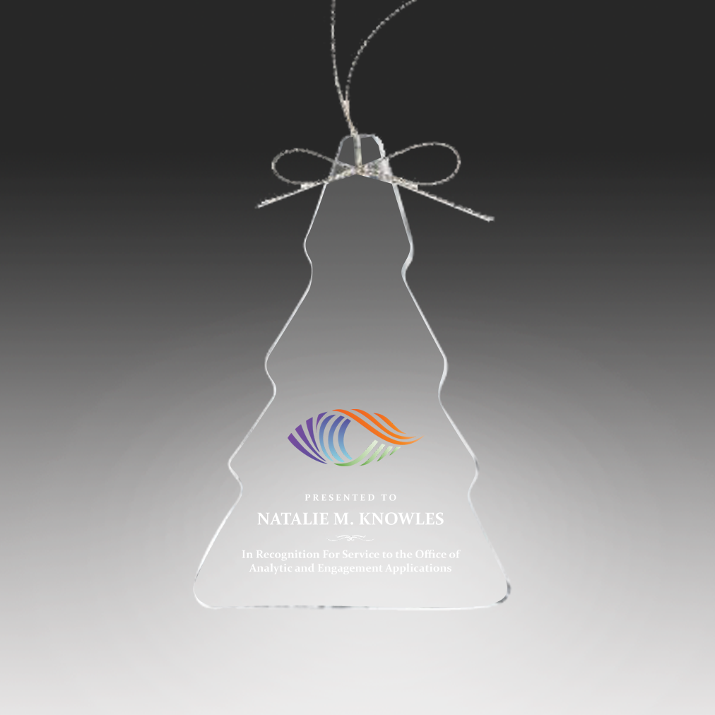 Clear Christmas tree-shaped ornament with a bow on a gray background in Norfolk, VA