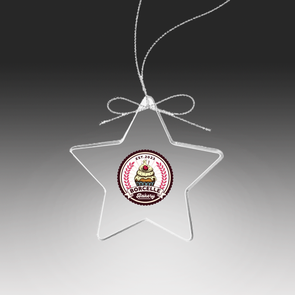 Clear star-shaped crystal ornament with a logo on a gray background in Hampton Roads Virginia