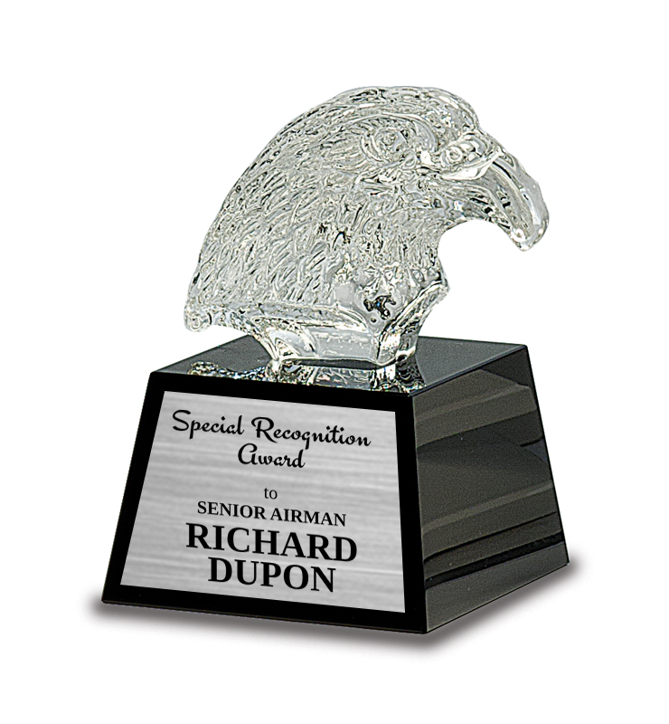 Crystal eagle head award on a black base with engraved text in Norfolk, VA