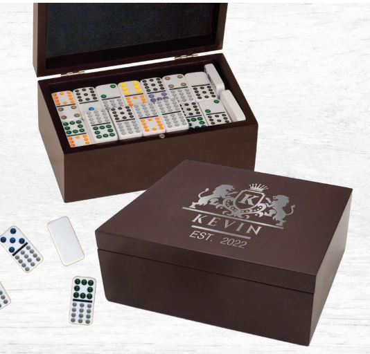 Domino set with a branded wooden box on a white background in Norfolk, VA